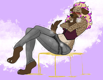 anthro bladder bladder_bulge bodily_fluids female female_peeing genital_fluids omorashi organs peeing solo urine wetting bibarel_rei spotte_(anubix) hyena mammal absurd_res hi_res