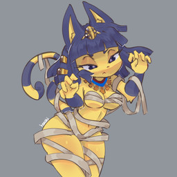 5_fingers :< accessory anthro bangs biped blue_eyes blue_hair body_wraps breasts chest_wraps claw_pose cleavage clothed clothing female fingers gold_(metal) gold_accessory grey_background hair hair_accessory leaning leaning_forward lidded_eyes markings medium_breasts medium_hair midriff navel pectoral_(jewelry) simple_background skimpy solo standing striped_markings striped_tail stripes tail tail_markings under_boob uraeus wide_hips wraps yellow_body hanabi404 animal_crossing nintendo ankha_(animal_crossing) domestic_cat felid feline felis mammal 2024 absurd_res digital_drawing_(artwork) digital_media_(artwork) hi_res portrait signature three-quarter_portrait