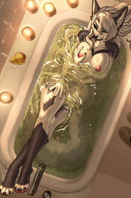 4_toes 5_fingers anthro areola bathtub biped blue_eyes breasts candle claws feet female finger_claws fingers fur genitals grey_body grey_fur grey_tail hair hand_on_breast hand_on_own_breast high-angle_view inner_ear_fluff inside looking_at_viewer looking_up looking_up_at_viewer lying nipples nude nude_anthro nude_female on_back partially_submerged pawpads paws rubber_duck smile solo tail toe_claws toes tuft vulva water wet wet_arms wet_body wet_breasts wet_fur wet_legs white_hair pizhma miliam_(genemon) canid canine canis mammal wolf 2026 absurd_res digital_drawing_(artwork) digital_media_(artwork) hi_res
