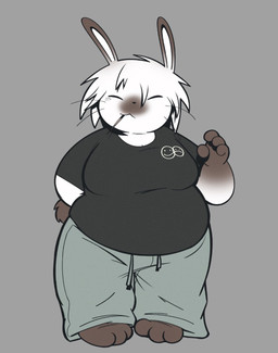 3_toes 4_fingers anthro barefoot big_breasts black_clothing black_nose black_shirt black_topwear bottomwear breasts brown_ears brown_feet brown_hands brown_nose brown_tail clothing dipstick_ears ear_markings eyes_closed feet female fingers frowney_face fur gloves_(marking) grey_background grey_bottomwear grey_clothing grey_pants grey_sweatpants hair hand_behind_back leg_markings markings mouth_closed multicolored_body multicolored_ears multicolored_fur overweight overweight_anthro overweight_female pants scut_tail shirt short_tail simple_background smiley_face socks_(marking) solo sweatpants tail toes toothpick toothpick_in_mouth topwear whiskers white_body white_fur white_hair wide_hips oofmasterxd lagomorph leporid mammal rabbit 2026 hi_res portrait