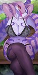 anthro big_breasts breasts cleavage clothed clothing crossed_legs female hands_behind_head hi_res legwear lemoco lingerie looking_at_viewer reptile scalie smile snake snake_hood solo stockings tail tongue tongue_out topwear