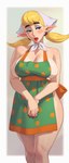 5_fingers apron apron_only big_breasts black_eyes blonde_hair blue_eyeshadow border breasts cleavage clothed clothing colored_nails eyeshadow female fingers front_view glistening glistening_body green_apron green_clothing hair half-closed_eyes headgear headscarf headwear huge_breasts humanoid_pointy_ears light_body light_skin lips makeup markings mole_(marking) mostly_nude nails narrowed_eyes not_furry pigtails pointy_ears polka_dot_clothing red_lips red_nails simple_background solo standing white_border white_clothing white_headwear rizdraws nintendo skyward_sword the_legend_of_zelda peatrice humanoid hylian 2023 absurd_res digital_media_(artwork) hi_res