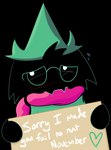 anthro black_background black_body black_fur blush bodily_fluids cardboard_cutout front_view fur humor male nervous scarf sign simple_background solo sweat text young young_anthro davidsanchan deltarune dogshaming no_nut_november no_nut_sabotage undertale_(series) ralsei bovid caprine goat mammal 2018 english_text meme