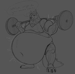 anthro barbell barbell_squats belly big_belly clothed clothing crouching exercise looking_at_viewer male musclegut muscular overweight overweight_anthro overweight_male raised_clothing raised_shirt raised_tank_top raised_topwear shirt smile smiling_at_viewer solo tank_top text topwear weightlifting weights workout corgikiwi a0n_(a0nmaster) canid canine canis domestic_dog mammal nordic_sled_dog samoyed spitz 2023 english_text hi_res monochrome sketch