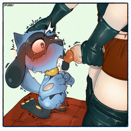 andromorph anthro bodily_fluids cum cum_in_mouth cum_inside duo feral genital_fluids intersex male male/male young jfurby nintendo pokemon generation_4_pokemon pokemon_(species) riolu absurd_res hi_res