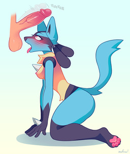 anthro blush breasts female female_anthro genitals kneeling medium_breasts nipples nude open_mouth pawpads paws penis simple_background surprised throbbing throbbing_penis wide_hips awfawl nintendo pokemon canid canine generation_4_pokemon lucario mammal pokemon_(species) absurd_res hi_res