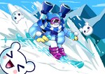 :3 ambiguous_gender anthro beanie bottomless clothed clothing coat evolutionary_family eyewear feral fur goggles hat headgear headwear overweight parka scarf ski skiing snow snow_boots topwear white_body white_fur yafusa bandai_namco digimon digimon_(species) polarbearmon yukimibotamon absurd_res hi_res