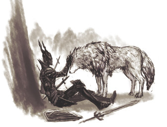 armor duo eyes_closed feral fluffy fur headgear helmet male melee_weapon petting quadruped shield sitting standing sword tail weapon kitunen dark_souls fromsoftware black_knight_(dark_souls) great_grey_wolf_sif canid canine canis human mammal wolf monochrome sketch