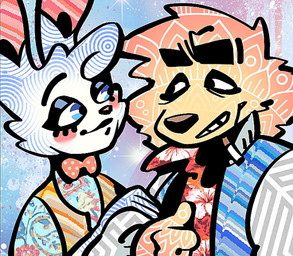 aloha_shirt anthro bow_tie cheek_spots cigarette cigarette_in_mouth clothing duo floppy_ears fur half-closed_eyes jacket letterman_jacket male narrowed_eyes object_in_mouth pattern_clothing pattern_shirt pattern_topwear shirt smile smoking_tobacco topwear vest white_body white_fur yellow_body yellow_fur rawdawgcomics bingus_(rawdawgcomics) stahli_(rawdawgcomics) bird_dog canid canine canis domestic_dog golden_retriever hunting_dog lagomorph leporid mammal rabbit retriever