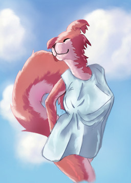 anthro big_breasts breasts clothing cloud dress eyes_closed female fur looking_pleasured low-angle_view mouth_closed nipple_outline red_body red_fur simple_background sky skyscape smile solo standing white_clothing white_dress lemgrum beastars juno_(beastars) canid canine canis mammal wolf hi_res