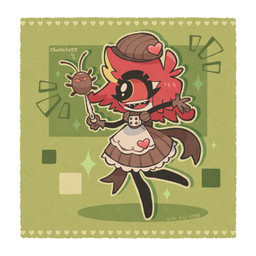 1_eye candy chocolate clothed clothing dessert female food hat headgear headwear not_furry sewing_needle solo text karin_apple25 hazbin_hotel hellaverse niffty_(hazbin_hotel) cyclops demon demon_humanoid humanoid 1:1 english_text