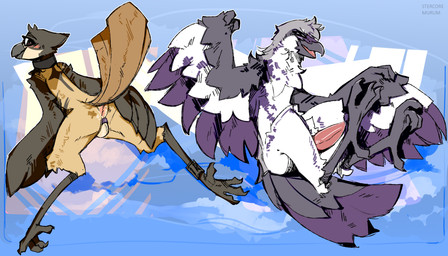 abstract_background anthro anus avian_feet beak blush chastity_cage chastity_device claws collar duo erection feathers genitals legband legs_up looking_at_viewer looking_back looking_back_at_viewer male open_mouth penis pose presenting presenting_anus purple_chastity_cage raised_tail spread_wings tail tail_feathers tapering_penis white_body wing_claws wings stercore_murum birdie_(canadabirdie) birdpathy avian bird black-capped_chickadee chickadee great_grey_shrike oscine passerine tit_(bird) absurd_res hi_res pinup