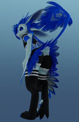 4_ears anthro back_markings bangs biped black_clothing black_legwear black_stockings blue_background blue_body blue_claws blue_ears blue_eyes blue_feathers blue_hair blue_pawpads blue_sclera blue_tail blue_wings claws clothing da'vali feathered_tail feathers glistening glistening_eyes gradient_background hair leaning leaning_forward legwear looking_away markings multi_ear multicolored_body multicolored_clothing multicolored_ears multicolored_feathers pattern_clothing pawpads paws simple_background smile solo stockings striped_clothing stripes tail tail_markings tail_tuft thigh_highs tuft two_tone_body two_tone_clothing two_tone_ears two_tone_feathers two_tone_wings white_body white_clothing white_ears white_feathers white_wings winged_arms wings yellow_markings jukkavali rai_kitamatsu_(modeler) kyrie_(jukkavali) avali 3d_(artwork) absurd_res digital_media_(artwork) hi_res
