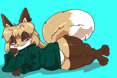 3_fingers 3_toes :3 anthro belly big_belly big_ears blonde_hair blush blush_lines bottomless brown_body brown_fur brown_legs cartoon_nudity clothed clothing dipstick_tail eyebrow_through_hair eyebrows feet female fingers fist fur green_clothing green_eyes green_sweater green_topwear hair hand_on_head head_tuft leg_markings leg_tuft long_hair looking_at_viewer lying markings narrowed_eyes on_side partially_clothed shadow simple_background small_nose smile smiling_at_viewer smirk smirking_at_viewer smug smug_face socks_(marking) solo sweater sweater_only tail tail_markings tail_tuft teal_background thick_thighs thigh_tuft toes topwear topwear_only translucent translucent_hair tuft white_body white_fur yellow_body yellow_fur conditional_dnp reverent_ranger averi_(fiddleafox) canid canine fox mammal red_fox true_fox 2025 digital_drawing_(artwork) digital_media_(artwork) hi_res pixel_(artwork) shaded