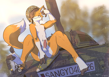 ammunition anthro armor army artillery athletic balls brown_body brown_fur brown_hair cammo_pattern camo fangs feet femboy fur genitals hair headgear helmet humanoid_genitalia humanoid_penis male nipples orange_body orange_eyes orange_fur paws penis plant public public_exposure public_nudity ranged_weapon sassy shell slim smug solo spread_legs spreading tank_(vehicle) teeth text tree vehicle weapon white_body white_fur sangy canid canine fox mammal absurd_res commissioner_name hi_res