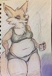 anthro beverage bra breasts clothed clothing coffee eyes_closed female fur neck_tuft panties scratching scratching_butt simple_background slightly_chubby solo standing tail tan_body tan_fur tongue tongue_out tuft underwear homo_the_domo trisha_fox_(zzx) canid canine fox mammal hi_res traditional_media_(artwork)