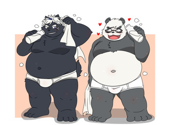 anthro belly big_belly black_body black_nose blush briefs bulge clothing duo eyewear glasses heart_symbol kemono male navel open_mouth overweight overweight_male simple_background standing tighty_whities underwear white_body white_briefs white_clothing white_underwear letter_route vtuber sasayama_akira bear canid canine canis domestic_dog giant_panda mammal 2026 absurd_res hi_res