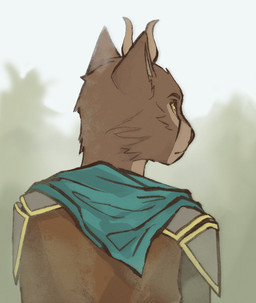 anthro armor brown_body brown_fur cheek_tuft clothing costume day facial_tuft fantasy female fluffy fluffy_ears forest fur horn medieval multicolored_body orange_eyes plant solo tree tuft two_tone_body ocelotka microsoft the_elder_scrolls ocelotka_(ocelotka) felid feline khajiit mammal digital_media_(artwork) portrait