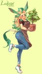 anthro apron big_breasts blonde_hair blush blush_lines bodily_fluids bottomwear breasts brown_clothing brown_topwear cheek_tuft cleavage clothed clothing denim denim_bottomwear denim_clothing facial_tuft female footwear fur green_hair hair hair_bun holding_object inner_ear_fluff jeans kemono leaf leaf_tail looking_at_viewer multicolored_body pants plant plant_pot plant_tail running_shoes shoes simple_background small_waist solo sweat sweatdrop tail topwear tuft two_tone_body yellow_body yellow_fur noruru3737 nintendo pokemon eeveelution generation_4_pokemon leafeon pokemon_(species) absurd_res hi_res