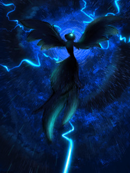 ambiguous_gender beak black_body black_feathers blind_eye blue_eyes detailed_background electricity eye_scar facial_scar feathered_wings feathers feral glowing glowing_eyes lightning_bolt long_tail outside raining scar solo storm tail wings demon_ascended american_mythology indigenous_north_american_mythology mythology north_american_mythology bronwren_raves_(demon_ascended) avian bird corvid corvus_(genus) mythological_avian mythological_bird mythological_creature mythological_rainbird mythological_thunderbird oscine passerine raven 3:4 absurd_res colored digital_drawing_(artwork) digital_media_(artwork) hi_res shaded signature