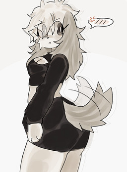 angry anthro big_butt black_bottomwear black_clothing black_eyes black_skirt black_topwear blush bottomwear butt clothing crop_top cross-popping_vein dark_ears dark_tail female floppy_ears hair looking_back lop_ears messy_hair paws shirt skirt solo speech_bubble tail tail_motion tailwag topwear uovo ume_(uovo) canid canine canis domestic_dog mammal absurd_res hi_res