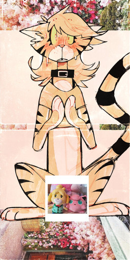 anthro biped blush blush_lines bodily_fluids clothed clothing collar embarrassed female feral flushed fur hair long_torso looking_at_viewer naturally_censored partially_clothed paws shirt simple_background small_waist solo solo_focus striped_body stripes sweat sweatdrop tail text topwear ignorethisthanks animal_crossing nintendo pokemon iggy_(ignorethisthanks) isabelle_(animal_crossing) domestic_cat felid feline felis generation_1_pokemon jigglypuff mammal pantherine pokemon_(species) tiger absurd_res collage_(artwork) digital_media_(artwork) english_text full-length_portrait hi_res mixed_media portrait trans_(lore) trans_woman_(lore)