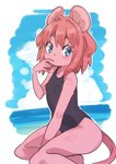 anthro black_clothing black_swimwear blue_eyes blush blush_lines breasts clothing female finger_in_mouth finger_suck fur hair kemono kneeling loli looking_at_viewer one-piece_swimsuit outside pink_body pink_fur pink_hair pink_nose school_swimsuit sea simple_background small_breasts solo spread_legs spreading sucking swimwear water young young_anthro young_female youki029 mouse_girl_(youki029) mammal mouse murid murine rodent 2021 hi_res