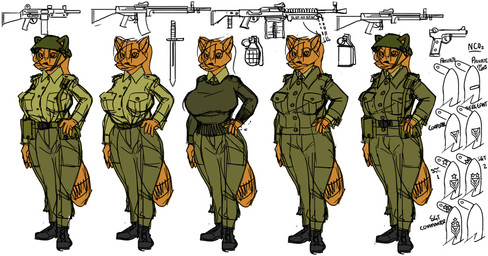 anthro armor army_uniform clothed clothing curvy_figure explosives female grenade group gun handgun headgear helmet knife pistol ranged_weapon rifle standing voluptuous weapon griffnfox canid canine fox mammal model_sheet sketch