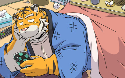 anthro biped cellphone clothed clothing detailed_background electronics inside kemono male phone pink_nose smartphone solo oogamikennta felid mammal pantherine tiger 16:10 2026 hi_res widescreen