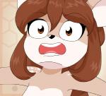 abstract_background alfa995 anthro braided_hair brown_body brown_eyes brown_fur brown_hair deer doe_(alfa995) female fur hair long_hair mammal nude open_mouth reaction_image solo