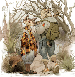 anthro backpack biped blue_backpack bottomwear brick brick_wall brown_tail canine_teeth chin_tuft claws clothed clothed_anthro clothed_male clothing denim denim_bottomwear denim_clothing duo ear_piercing facial_tuft fluffy fluffy_tail footwear forest fully_clothed fully_clothed_anthro fully_clothed_male fur green_backpack grey_clothing grey_hoodie grey_topwear head_tuft hoodie inner_ear_fluff jeans looking_at_viewer looking_back looking_back_at_viewer male male_anthro markings multicolored_tail orange_clothing orange_shirt orange_topwear outside pants pattern_clothing pattern_shirt pattern_topwear piercing plaid plaid_clothing plaid_shirt plaid_topwear plant sandals shirt shoes size_difference slim_male sneakers spots spotted_body spotted_fur tail toe_claws topwear tree tuft wall_(structure) whiskers yellow_clothing yellow_eyes yellow_footwear yellow_shoes zunkee canid canine canis coyote felid feline lynx mammal 2025 hi_res