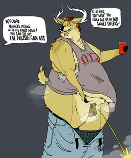 anthro antlers backwards_baseball_cap backwards_hat balls baseball_cap belly belly_overhang bodily_fluids body_hair bottomwear boxers_(clothing) butt chest_hair clothing denim denim_bottomwear denim_clothing drinking_alcohol flabby_arms frat_boy fupa genital_fluids genitals hat headgear headwear horn jeans male moobs neck_rolls obese obese_male overweight overweight_male pants peeing_outside penis red_solo_cup sleeveless_shirt solo standing steam sweat sweaty_butt sweaty_genitalia tail tail_motion tailwag text underwear urine southernyote deer mammal new_world_deer white-tailed_deer english_text hi_res