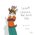 1:1 2015 anthro antlers black_clothing black_nose black_shirt black_text black_topwear blue_bottomwear blue_clothing blue_pants bottomwear brown_body brown_fur chest_tuft clothed clothing crossed_arms darwin_(tinydeerguy) deer english_text fully_clothed fur horn male mammal open_mouth open_smile pants red_clothing red_shirt red_topwear shirt smile solo t-shirt tan_body tan_fur teeth_showing text thug_life tinydeerguy topwear tuft underline