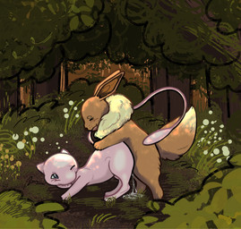 ambiguous_gender ambiguous_penetration blush bodily_fluids brown_body brown_fur cum doggystyle duo female feral from_behind_position fur genital_fluids male male/female mounting one_eye_closed outside penetration sex dogsexdotorg nintendo pokemon eevee generation_1_pokemon legendary_pokemon mew_(pokemon) pokemon_(species) hi_res