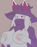 anthro areola big_breasts blue_body blue_fur breasts clothing covering covering_nipples female fur hat headgear headwear pink_areola simple_background witch_hat rusal32 palworld pocketpair felid feline katress mammal pal_(species) absurd_res hi_res