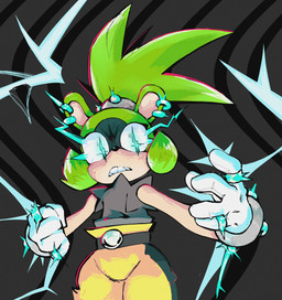 5_fingers anthro belt biped black_belt black_clothing black_nose black_shirt black_topwear blue_eyes bottomwear bracelet clothed clothed_anthro clothed_female clothing ear_piercing ear_ring electricity female female_anthro fingers front_view fully_clothed fully_clothed_anthro fully_clothed_female gloves glowing glowing_eyes green_ears green_hair hair handwear jewelry light_body light_skin looking_at_viewer looking_forward pants piercing ponytail ring_piercing sharp_teeth shirt simple_background sleeveless_shirt solo studded_bracelet studded_jewelry studs tan_inner_ear teeth topwear white_clothing white_gloves white_handwear yellow_bottomwear yellow_clothing yellow_pants jublee idw_publishing sega sonic_the_hedgehog_(comics) sonic_the_hedgehog_(idw) sonic_the_hedgehog_(series) surge_the_tenrec afrosoricid mammal tenrec 2022 absurd_res digital_media_(artwork) hi_res