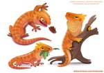 ambiguous_gender branch claws eating feral group leaf open_mouth orange_body simple_background teeth text white_background wood yellow_eyes piper_thibodeau agamid arthropod bearded_dragon insect lizard reptile scalie 2020 digital_media_(artwork) digital_painting_(artwork) painting_(artwork) url