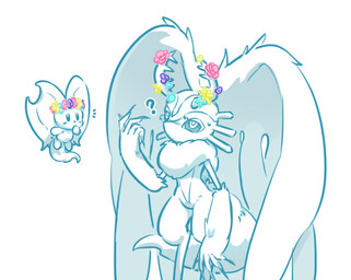 ambiguous_gender anthro antlers bar_emanata big_ears biped bipedal_feral black_sclera blush blush_lines bodily_fluids chest_tuft countershade_torso countershading digitigrade duo emanata feral fingernails flower flower_crown flower_on_antlers fluffy fluffy_tail head_wings horn huge_wings looking_at_another mouthless nails neck_tuft notched_ear plant pupils question_mark semi-anthro simple_background size_difference sweat sweatdrop tail tuft unusual_wing_placement white_background wings 0olqplo0 kirby_(series) nintendo elfilin fecto_elfilis alien chinchillid mammal rodent starling_(kirby) digital_drawing_(artwork) digital_media_(artwork) male_(lore)