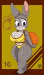 anthro ball basketball basketball_(ball) basketball_uniform big_breasts bottomwear breast_squish breasts cleavage cleavage_overflow clothed clothing crop_top curvy_figure ears_up eyelashes feet female fur grey_body grey_fur hands_behind_back holding_basketball holding_object hotpants long_ears looking_back mature_anthro mature_female multicolored_body multicolored_fur number purple_eyes shirt shorts simple_background skimpy smile solo sportswear squish standing tank_top text thick_thighs toes topwear two_tone_body two_tone_fur uniform voluptuous wide_hips yellow_clothing nr_ac disney zootopia bonnie_hopps lagomorph leporid mammal rabbit 2022 absurd_res artist_name digital_media_(artwork) hi_res signature