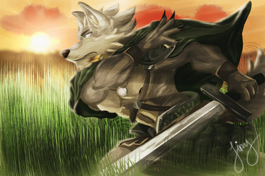 anthro armor cheek_tuft claws cloak clothing detailed_background facial_tuft finger_claws fur grass green_eyes head_tuft jewelry male melee_weapon multicolored_body multicolored_fur nipples pendant plant running sky solo sun sunset sword tuft two_tone_body two_tone_fur weapon tinywolf far_beyond_the_world_(series) ranok_(far_beyond_the_world) canid canine canis mammal wolf hi_res