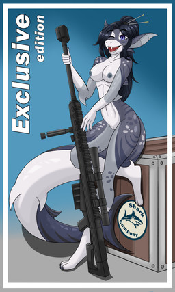 anthro aurelia_(invz) big_tail blue_eyes breasts erotica female genitals gun nipples ranged_weapon rifle sniper_rifle solo tail vulva weapon invz aquatic fish shark 3:5 absurd_res hi_res