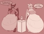 anthro big_breasts breasts bumpywish clothed clothing colored dialogue dragon duo embarrassed english_text female fertility_idol hi_res horn hyper hyper_pregnancy mythological_creature mythological_scalie mythology pillar pregnant rapid_pregnancy red_body scalie speech_bubble standing surprised_expression text thick_thighs torn_clothing unborn_kicking wings