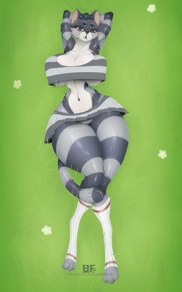 anthro bottomwear breasts cat_tail clothing female fur grass hands_behind_head lying_on_ground on_ground panties pattern_bottomwear pattern_clothing pattern_panties pattern_shirt pattern_skirt pattern_topwear pattern_underwear plant shirt skirt small_waist solo striped_body striped_bottomwear striped_clothing striped_fur striped_panties striped_shirt striped_skirt striped_topwear striped_underwear stripes tail text thick_thighs topwear underwear borisfed prostokvashino matroskin domestic_cat felid feline felis mammal 5:8 hi_res url
