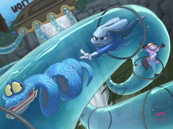 anthro barefoot black_nose blue_body blue_scales book bottomwear clothed clothed_anthro clothed_female clothed_male clothing feet female feral fully_submerged fur grey_body grey_fur group holding_breath male pants pink_nose red_body red_fur scales shirt swimming tail topwear trio water water_tube xafoxart disney zootopia gary_de'snake judy_hopps nick_wilde canid canine fox lagomorph leporid mammal rabbit reptile scalie snake hi_res