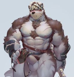 5_fingers abs accessory anthro arm_tuft armor armwear balls barazoku belt biceps big_muscles black_nose blue_background blush bodily_fluids body_hair bottomwear bracers brown_body brown_fur chest_scar chest_tuft clothed clothing clothing_lift countershade_face countershade_torso countershading cum cum_in_clothing cum_through_clothing embarrassed erection erection_under_clothing eyes_closed fingers fur genital_fluids genitals grey_body grey_fur hand_on_hip hand_on_own_hip headband holding_melee_weapon holding_object holding_weapon humanoid_genitalia humanoid_hands humanoid_penis ineffective_clothing ineffective_loincloth kemono leg_scar loincloth loincloth_lift male manly melee_weapon mostly_nude multicolored_body multicolored_fur muscular muscular_anthro muscular_arms muscular_male muscular_thigh navel nipples nude pec_scar pecs penis pink_nipples pubes scar sheathed_sword simple_background solo sweat sweatdrop tenting thick_penis thigh_scar topless tuft two_tone_body two_tone_fur vambrace weapon wet wet_clothing white_background white_balls white_body white_countershading white_fur null-ghost lifewonders tokyo_afterschool_summoners horkeu_kamui_(tas) canid canine canis mammal wolf digital_media_(artwork)