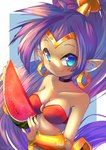 blue_eyes breasts brown_body brown_skin cleavage clothed clothing ear_piercing ear_ring female food fruit hair humanoid_pointy_ears long_hair looking_at_viewer melon not_furry piercing plant pointy_ears ponytail purple_hair ring_piercing smile solo watermelon takuyarawr shantae_(series) wayforward shantae genie humanoid 2023 signature