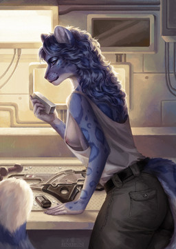 anthro areola belt blue_body blue_eyes blue_fur blue_hair blue_spots bottomwear breasts clothed clothing countershade_body countershade_face countershade_fur countershading detailed_background electronics female female_anthro fur grey_body grey_fur grey_hair gun hair high_tech holding_object inner_ear_fluff leaning_on_furniture looking_at_viewer looking_back looking_back_at_viewer monitor nipples pants ranged_weapon rifle shirt skimpy solo spots tail tank_top topwear tuft weapon white_body white_fur workbench renebruni bioware electronic_arts mass_effect microsoft the_elder_scrolls m'ria_(maks_hunt) felid khajiit mammal pantherine snow_leopard 2025 digital_media_(artwork) hi_res signature