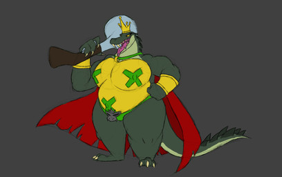 blunderbuss bodily_fluids crossgender crown drooling female green_body grey_background gun headgear mtf_crossgender pasties piercing ranged_weapon saliva simple_background solo tail tongue tongue_out tongue_piercing weapon jaspertmutt donkey_kong_(series) nintendo king_k._rool crocodilian kremling reptile scalie absurd_res hi_res