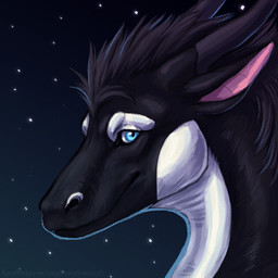ambiguous_feral ambiguous_gender black_body black_horn black_mane blue_eyes feral glistening glistening_eyes horn looking_at_viewer mane mouth_closed pink_inner_ear simple_background solo star white_body heatherwolf mythology blackfish dragon mythological_creature mythological_scalie scalie 1:1