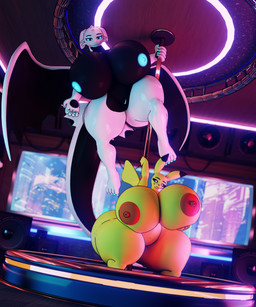 4_fingers 4_toes 5_fingers anthro areola big_breasts breast_squish breasts claws duo feet female fingers genitals glowing glowing_eyes glowing_genitalia glowing_nipples hand_on_breast hanging_from_pole head_tilt huge_breasts huge_thighs looking_at_viewer navel nipples outline pole squish strip_club stripper_pole tail thick_thighs toes vulva wings darkdraketom dreamworks european_mythology how_to_train_your_dragon mythology nintendo pokemon dragon fury_(httyd) generation_1_pokemon light_fury mythological_creature mythological_scalie pikachu pokemon_(species) scalie western_dragon 3d_(artwork) blender_(artwork) digital_media_(artwork) hi_res